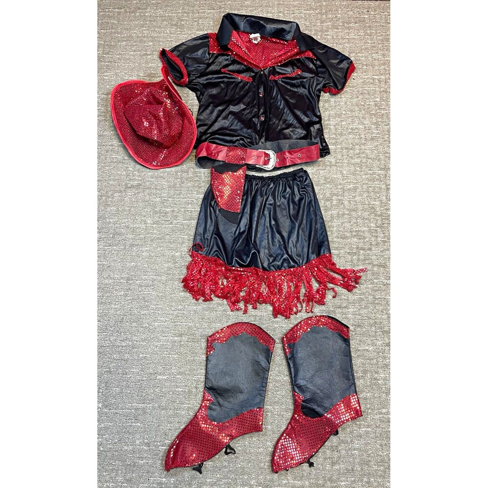 Cowgirl Costume Outfit Black Red Halloween Dolly Parton L large sequin adult